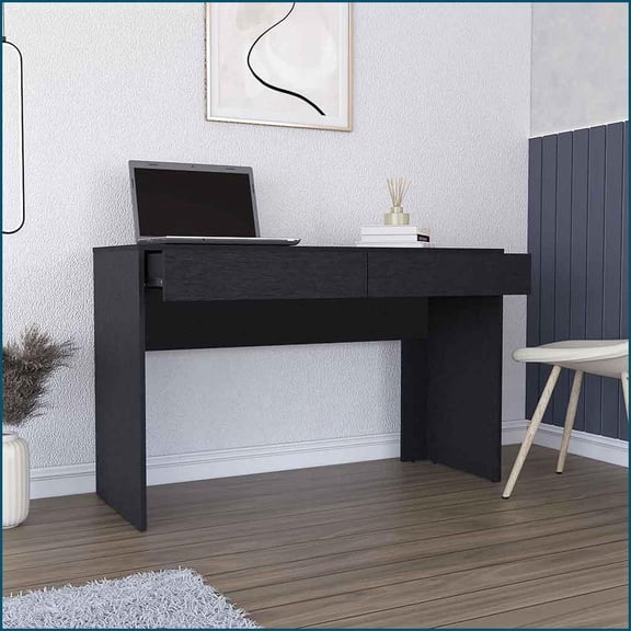 Desks, Modern Aberdeen Computer Desk with 2 Handleless Drawers, 47.32W Surface, Black Wengue | Black | Particle Board