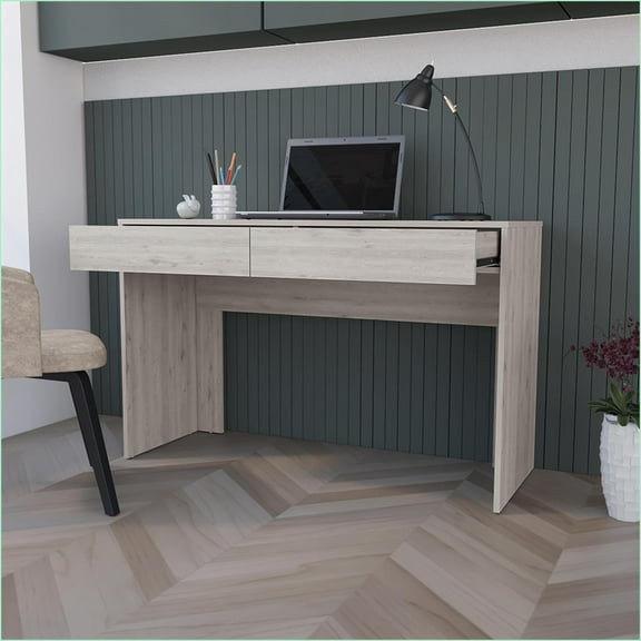 Desks, Modern Aberdeen Computer Desk with Spacious Top & 2 Handleless Drawers, Light Gray | Particle Board