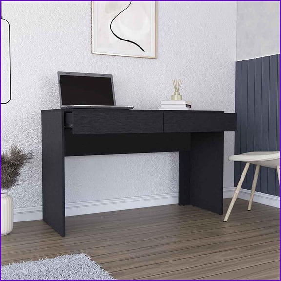 Desks, Modern Aberdeen Computer Desk with Two Handleless Drawers, 47.32"W x 17.71"D, Black Wengue | Black | Particle Board