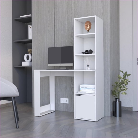 Desks Modern Aragon with 4-Tier Bookcase & Lower Cabinet | White | Particle Board