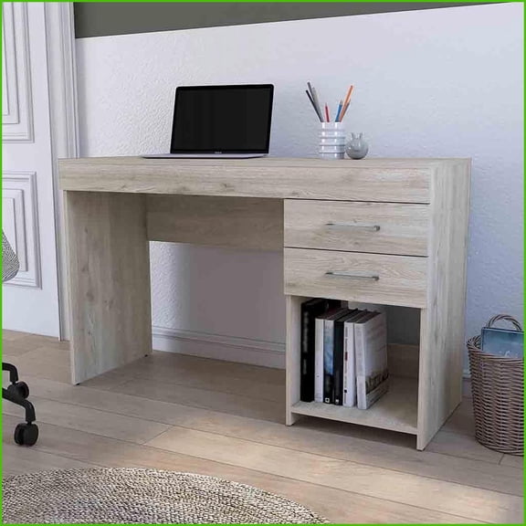 Desks Modern Classic Writing Computer Desk with Two Drawers & Open Shelf, 47.2” Wide | Gray | Engineered Wood