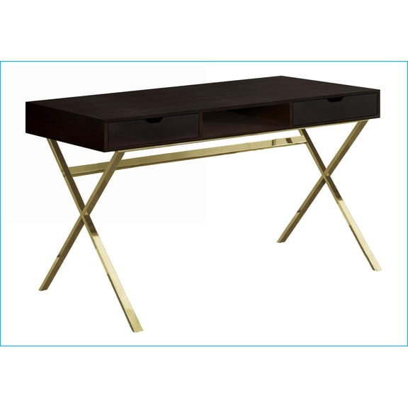 Desks: Modern Contemporary 47 L Computer Desk with Drawers & Open Shelf | Espresso Particle Board | Gold Metal Base