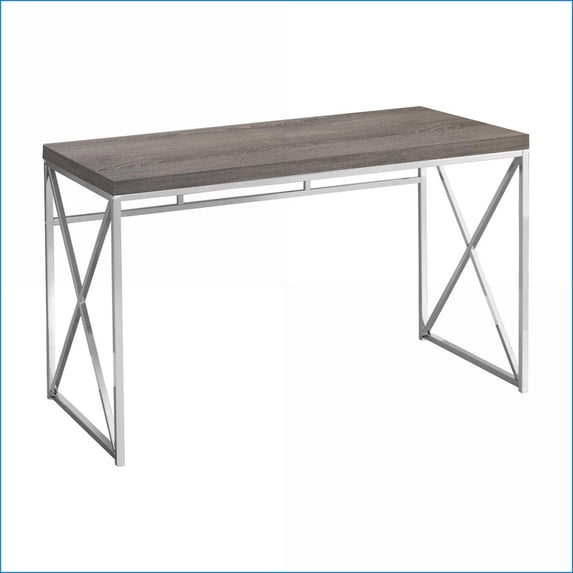 Desks, Modern Contemporary Computer Desk – Brown Laminate Top, Chrome Metal X-Base, 47”L x24”W x30”H | Taupe Surface | Particle Board