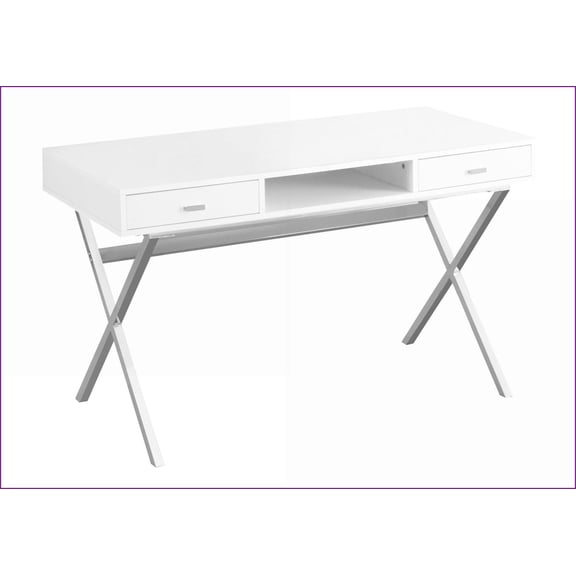 Desks, Modern Contemporary Glossy White Laminate Computer Desk with 2 Drawers & Open Shelf, 47”L x 24”W x 30”H | White | Particle Board