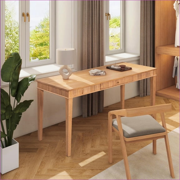 Desks, Modern Farmhouse 1-Drawer Fluted Home Office Writing Desk, Natural Blonde Rubberwood | Rubber Wood | Natural Blonde