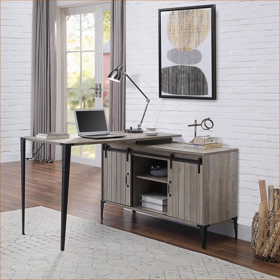 Desks, Modern Farmhouse Grey Oak Writing Desk with Sliding Barn Door & Cord Management | Grey+Black | Paper Composite