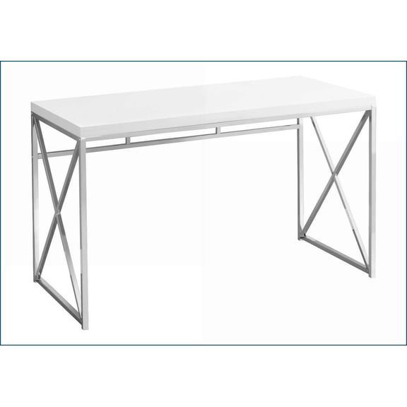 Desks, Modern Home Office Computer Desk, Glossy White Laminate Top, Chrome Metal Base, 47x24x30 Inches | White | MDF