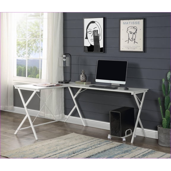 Desks Modern Industrial L-Shape White Computer Desk with Rolling CPU Holder | Metal & Wood