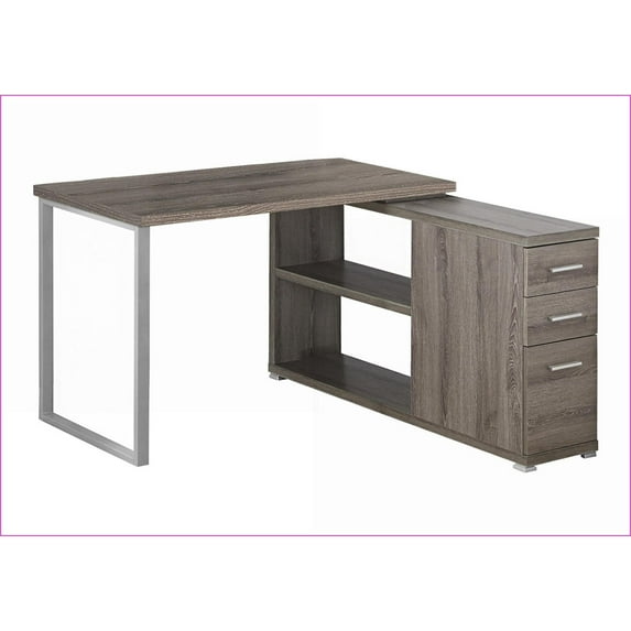 Desks, L-Shaped Home Office Desk - Left/Right Setup, Storage Drawers, Modern Brown Laminate/Grey Metal | Taupe | Particle Board