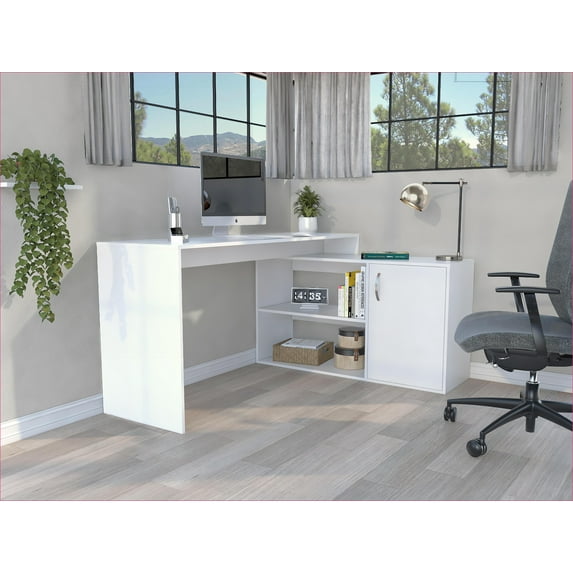 Desks Modern L-Shaped Desk with Open & Closed Storage, 59” Work Surface | White | Particle Board