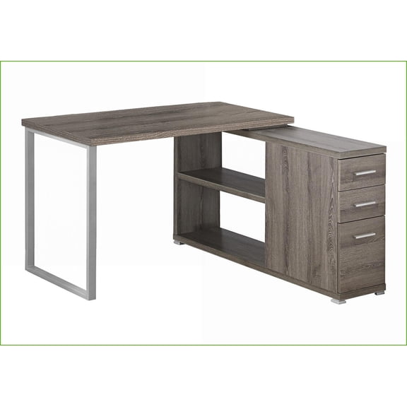 Desks, Modern L-Shaped Corner Computer Desk with Left/Right Setup & Storage Drawers, Taupe Brown Laminate Grey Metal | Taupe | Particle Board
