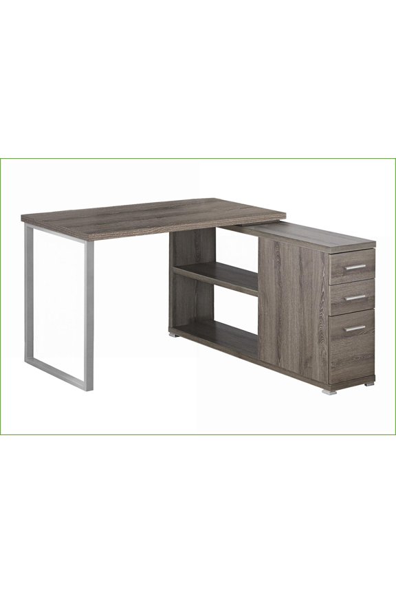 Desks, Modern L-Shaped Corner Computer Desk with Left/Right Setup & Storage Drawers, Taupe Brown Laminate Grey Metal | Taupe | Particle Board