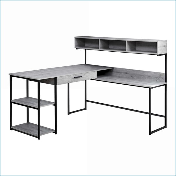 Desks, Modern L-Shaped Home Office Corner Desk with Storage, Grey Laminate & Black Metal | Grey | MDF