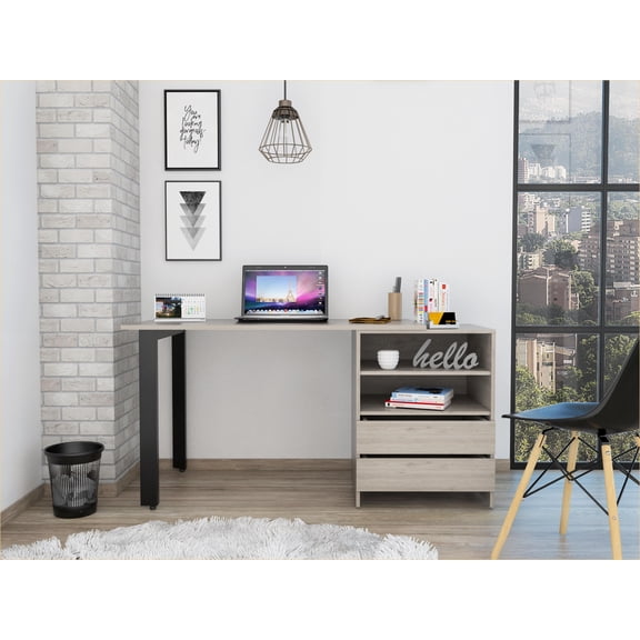 Desks, Modern Malaui Desk with Two Drawers & Two Shelves, 47.2W x 23.6D, Metal Legs | Light Gray | Particle Board