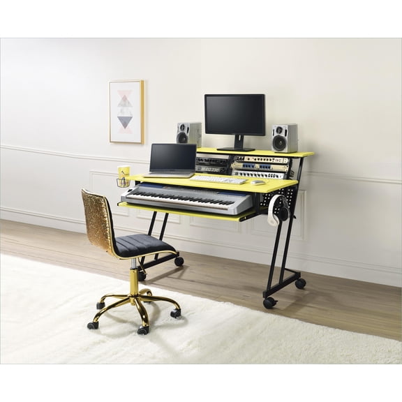 Music Recording Studio Desk with Caster Wheels, Cup Holder | Yellow & Black | Metal & Synthetic Wood
