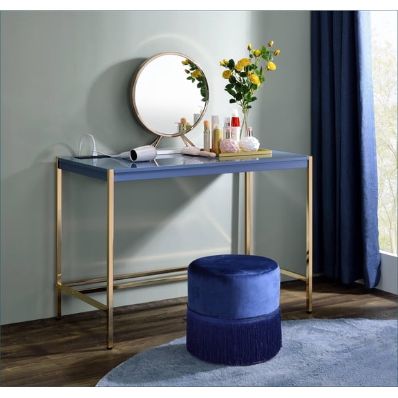 Desks: Modern Navy Blue & Gold Writing Desk with USB Port, High-Gloss White Top | Gold | Synthetic Wood