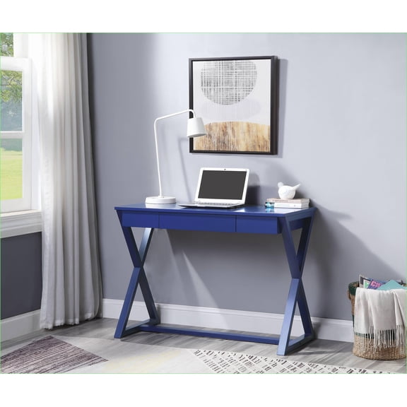 Desks, Modern Twilight Blue 1-Drawer Writing Desk with X-Shaped Base | Blue | Wood Composite