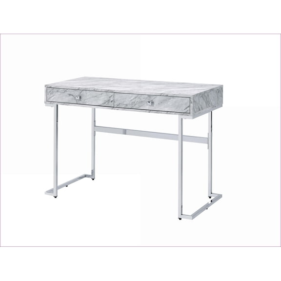 Desks, Modern White Faux Marble Top Writing Desk with 2 Drawers | Chrome Finish | White | Faux Marble