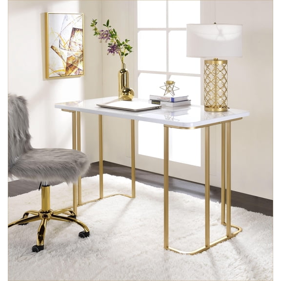 Desks, Modern White & Gold Rectangular Writing Desk with Open Base | Metal & Synthetic Wood