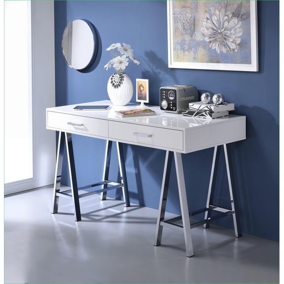 Desks Modern White High-Gloss Writing Desk with USB & Storage Drawers | Chrome | White
