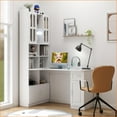 thumbnail image 1 of Desks, Modern White L-Shaped Corner Computer Desk with Storage Drawers, Bookshelf & Hutch | Particle Board+MDF, 1 of 16