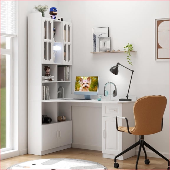 Desks | Modern White L-Shaped Corner Desk with Storage, Hutch & Drawers for Home Office Study | Particle Board+MDF