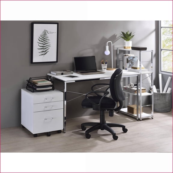 Desks, Modern White Rectangular Writing Desk with Chrome Metal Frame | White | Metal, Synthetic Wood