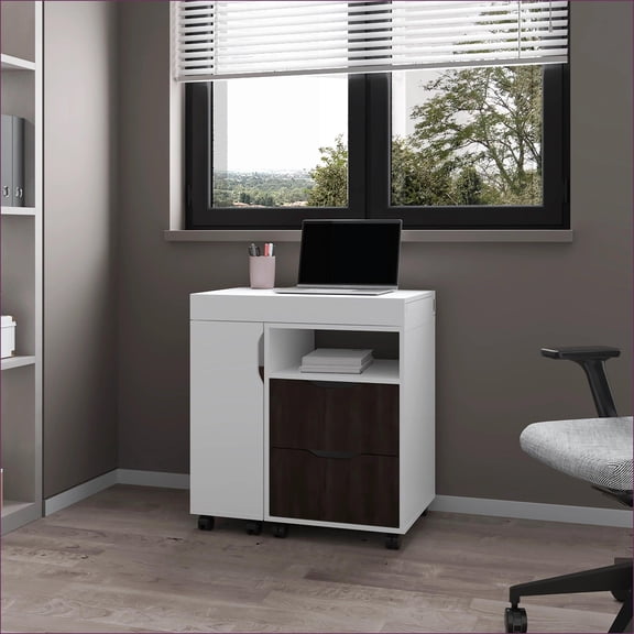Desk, Modern White & Stained Walnut 2-Drawer Extendable with Sliding Mechanism | Particle Board, 29.7”H x 17.7”W x 54”D