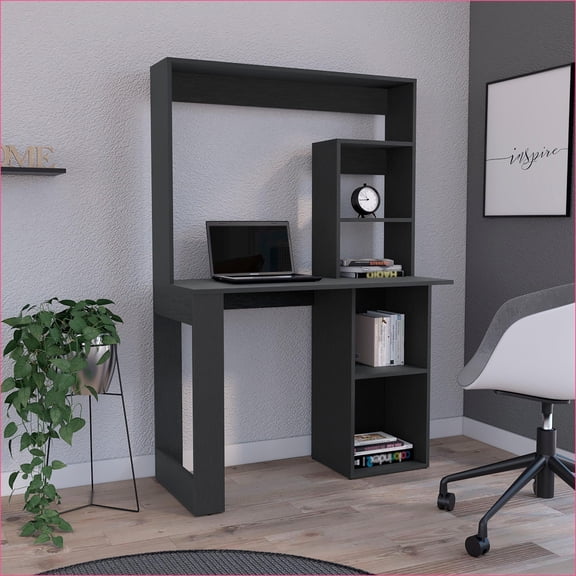 Desks, Modern Writing Computer Desk with Storage Shelves & Hutch, 38.8"W Work Surface | Black | Particle Board