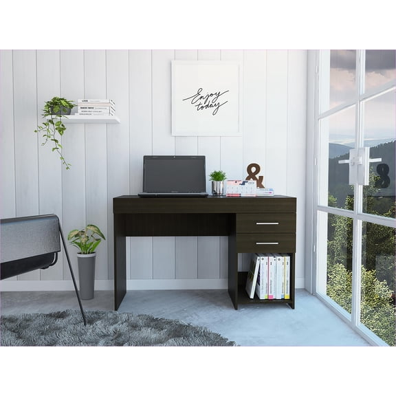 Desks, Modern Writing Computer Desk with Two Drawers, One Cabinet & Open Shelf | Black | Particle Board