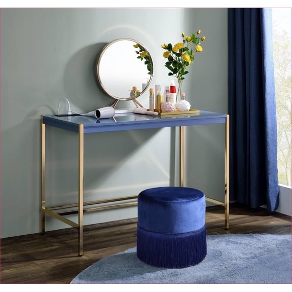 Writing Desk, Modern Navy Blue & Gold Finish with USB Port, High-Gloss White Top | Metal | Synthetic Wood