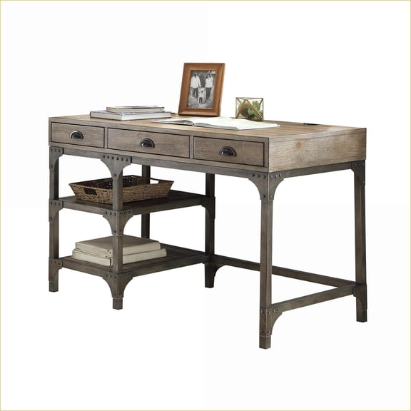 Desks, Rustic Industrial Weathered Oak & Antique Silver Metal Writing Desk with 3 Drawers | Oak | Metal