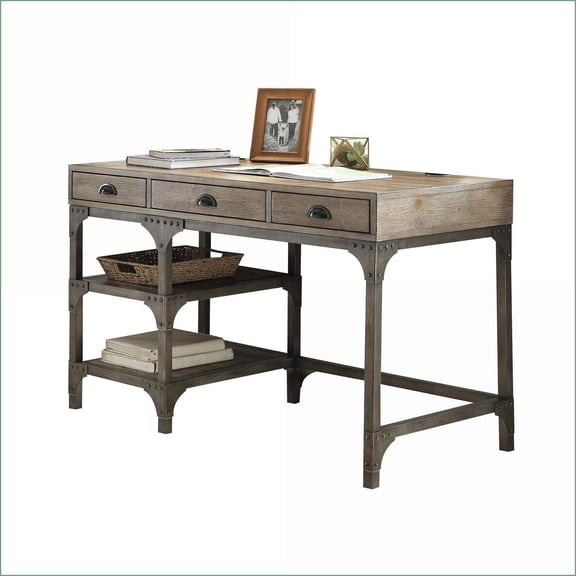 Desks, Rustic Industrial Weathered Oak & Antique Silver Metal Writing Desk with 3 Drawers | Oak | Metal