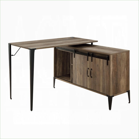 Desks, Rustic Oak Farmhouse Writing Desk with Sliding Barn Door & Cord Management | 48x48x31 Inches | Rustic | Paper Composite