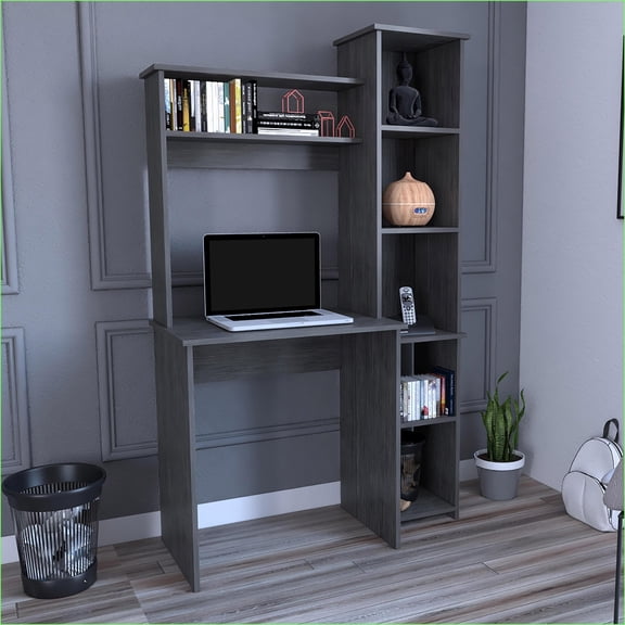 Writing Desks | Versalles with 2 Shelves & 5 Cubbies | Smokey Oak | Gray | Particle Board