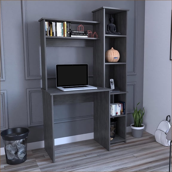 Desks, Traditional Versalles Writing Desk with 2 Shelves & 5 Cubbies, Smokey Oak | Particle Board | Gray