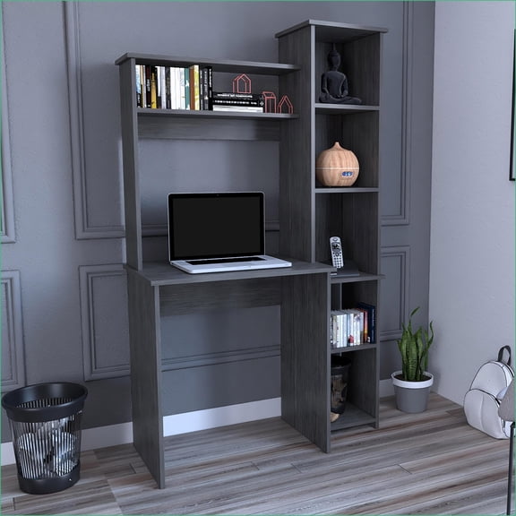 Desks | Versalles Writing Desk with 2 Shelves & 5 Cubbies | Smokey Oak | Particle Board | Gray