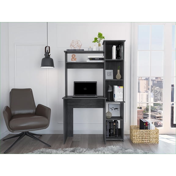 Desks, Versalles Writing Desk with Hutch & 5 Cubbies, Smokey Oak | Particle Board | Gray