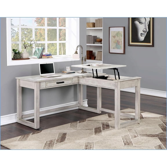 Desks, Transitional L-Shaped Corner Desk with Lift-Top, USB Port & Power Outlet | Antique White | Solid Wood