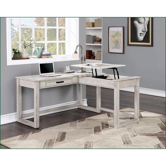 Desks, Transitional L-Shaped Corner Desk with Lift-Top, USB & Power Outlets | Antique White | Solid Wood/Wood Veneer