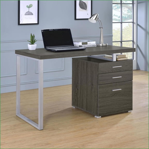 Desks, Weathered Grey Modular Office Desk with 3 Drawers & Reversible Design | Metal Legs | Engineered Wood