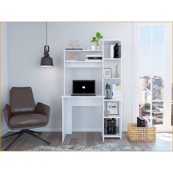 Desks, White Writing Desk with Built-in 7-Shelf Bookcase | 63.9"H x 38.7"W x 17.8"D | Particle Board