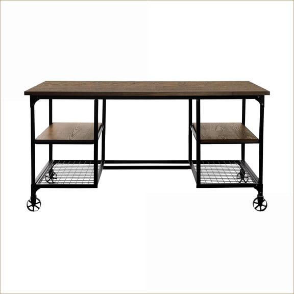 Desks | 60 Writing Desk with 4 Shelves & Metal Casters, Weathered Natural/Rustic Black | Engineered Wood,Metal