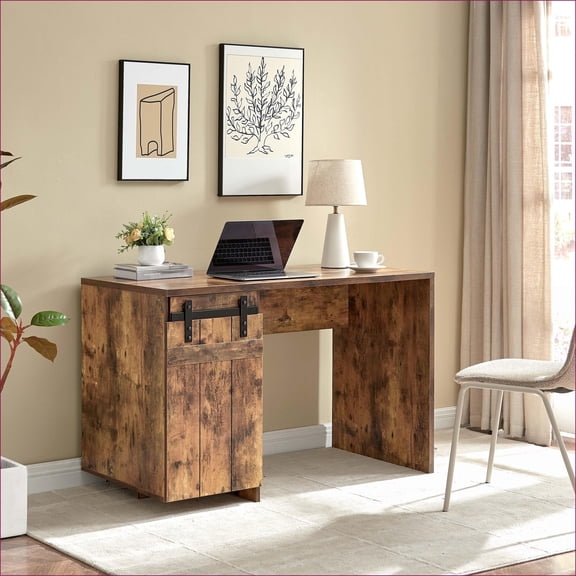Desks for Home Office, Farmhouse Faux Distressed Wood Desk with Cabinet, 3 Shelves & Modesty Panel | Particle Board+MDF