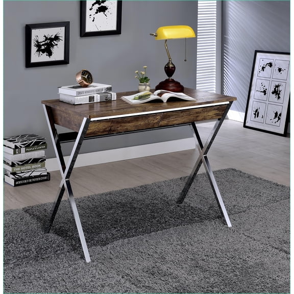 Desks with 2 Drawers, Modern Weathered Oak Top & Chrome Metal Legs | Oak | Metal