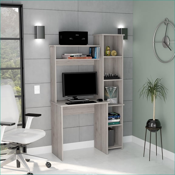 Desks with 2-Shelf Hutch & 5-Shelf Bookcase, Spacious Top | Light Gray | Particle Board