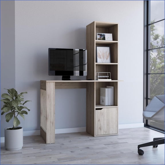 Desks with 4-Tier Bookcase & Single-Door Cabinet, 25.1"W x 17.7"D Modern Engineered Wood | Grey
