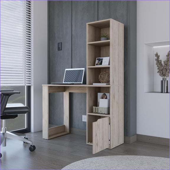 Desks with 4-Tier Shelf & Single Door Cabinet, Light Gray | Particle Board