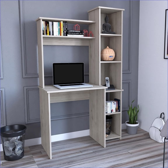 Desks with Hutch & 5-Cubby Side Bookcase, Light Gray Writing Desk | Particle Board