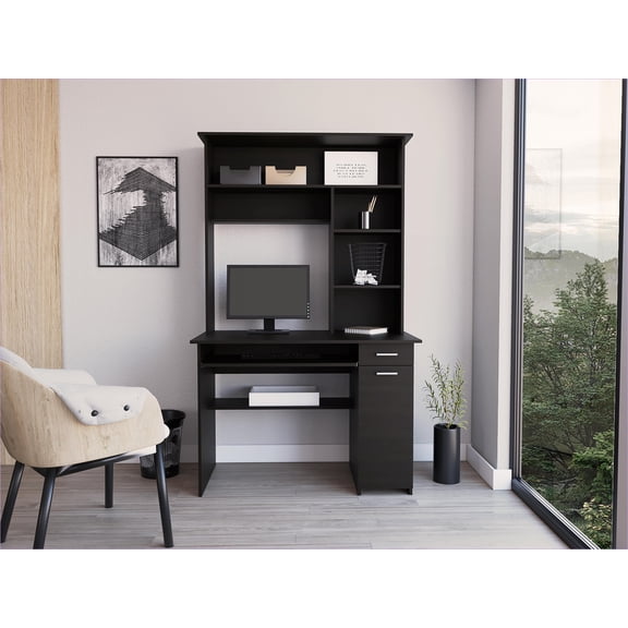 Desks with Hutch, Retractable Keyboard Tray & CPU Door | 5 Shelves, 1 Drawer | Black | Engineered Wood
